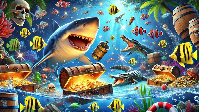 Arena bawah laut dengan ikan dan efek tembakan
